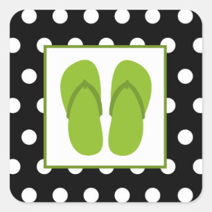 Grüne Flip Flops / Schwarz mit weißen Polka Punkte Quadratischer Aufkleber