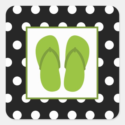 Grüne Flip Flops / Schwarz mit weißen Polka Punkte Quadratischer Aufkleber (Vorderseite)