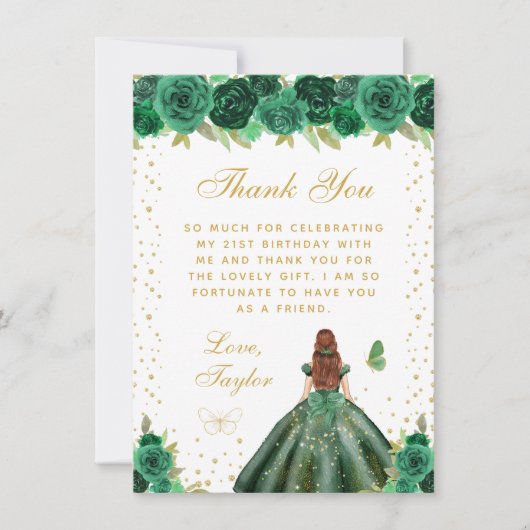 Grüne Flora Brown Hair Princess Birthday Party Dankeskarte (Vorderseite)