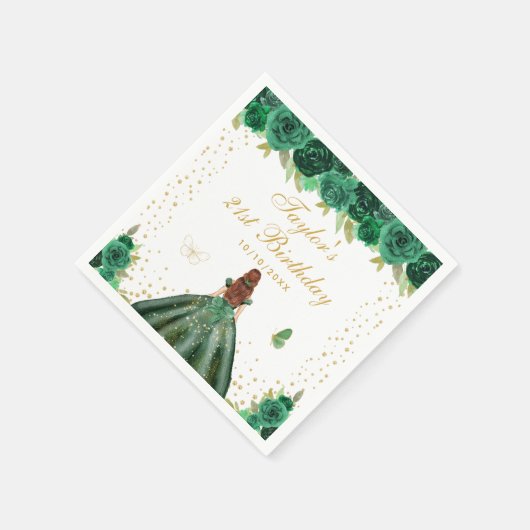 Grüne Flora Brown Hair Princess Birthday Party Serviette (Ecke)