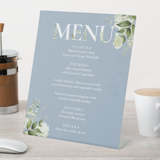 Grüne Flora Moderne Elegante Dusty Blue Menü Sockelschild (In Situ)