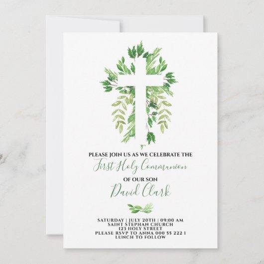 Grüne Floral Erste heilige Kommunion Einladung (Vorderseite)