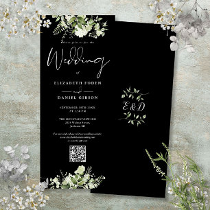Grüne Floral Schwarz-Weiß QR-Code Hochzeit Einladung