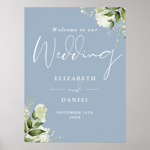 Grüne Floral Staubblaue Hochzeits-Willkommensschil Poster