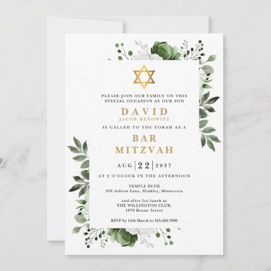 Grüne florale botanische Bar Mitzvah Bat Mitzvah Einladung (Vorderseite)