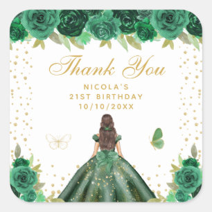 Grüne Florale Braunhaar-Haar-Prinzessin-Geburtstag Quadratischer Aufkleber