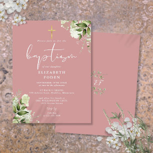Grüne Florale Dusty Rose Pink Taufeinladung Postkarte