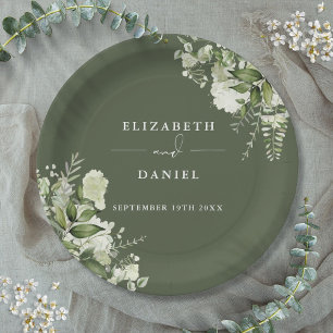 Grüne Florale Elegante Oliven Grüne Hochzeit Pappteller