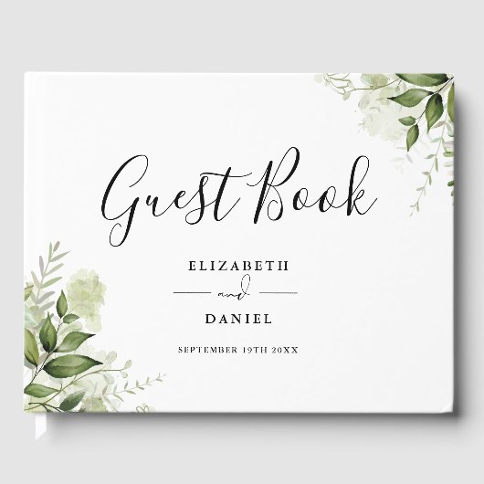 Grüne Florale Elegante Schrift Foto Hochzeit Gästebuch (Vorderseite)