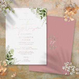 Grüne Florale Monogramm-Taufe Rose Gold Folieneinladung