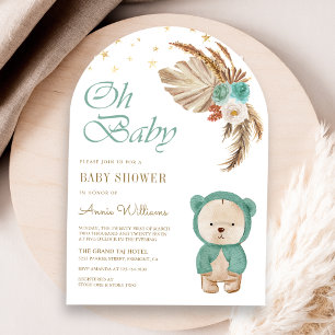 Grüne florale Pampas-Teddybär-Bogen-Baby-Party Einladung