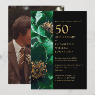 Grüne Florale Schwarz-Goldene 50. Jubiläumsfoto Einladung