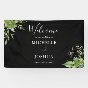 Grüne Florale Schwarz-Weiße Hochzeitsbegrüßung Banner