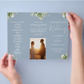 Grüne Florale Staubblaue Trifold-Hochzeitsprogramm Flyer (Hand)