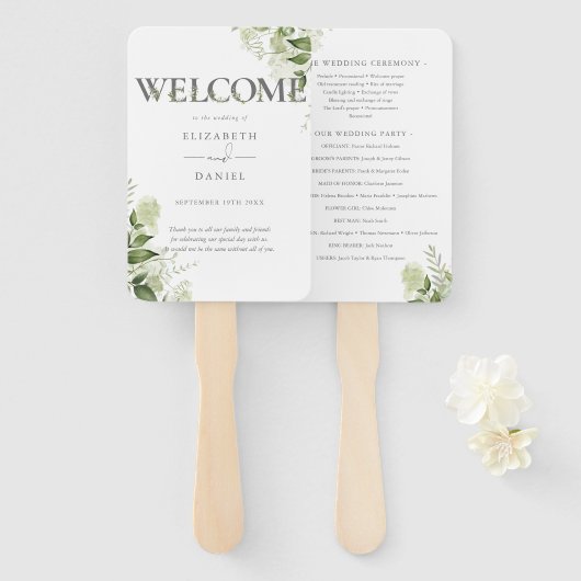 Grüne Florale Typografie Hochzeitsprogramm Fächer (Vorne und Hinten)