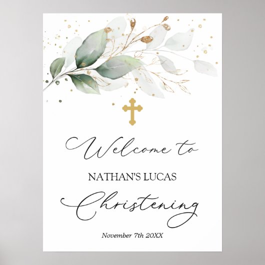 Grüne Foliage Cross Baby Christening Poster (Vorne)