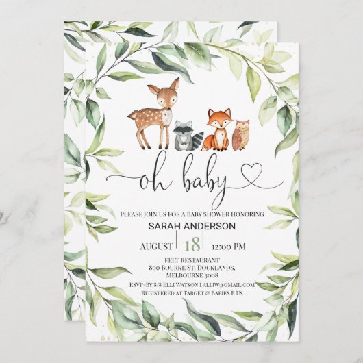 Grüne Foliage Woodland Babydusche Einladung (Vorne/Hinten)