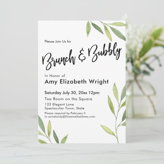 Grüne Folionen Brunch & Bubbly Einladung (Stehend Vorderseite)