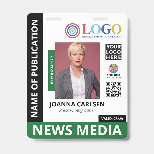 Grüne Foto & 3 Logo QR-Code Press-ID Ausweis (Vorderseite)