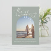 Grüne Foto Hochzeit der Moderne Einladung (Stehend Vorderseite)