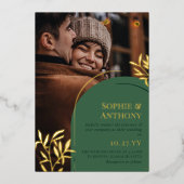 Grüne Foto Hochzeit im Herbst Golden Garden Folieneinladung (Vorderseite)