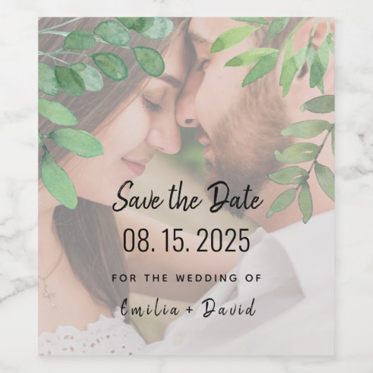 Grüne Foto Hochzeit speichern Datum Weinetikett (Einzelnes Label)