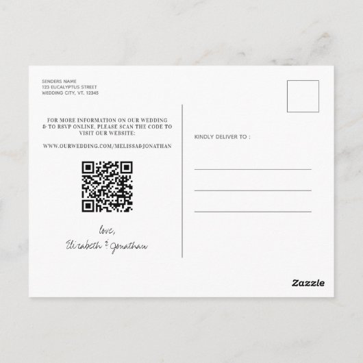 Grüne Foto QR Code Hochzeit speichern das Datum Postkarte (Rückseite)