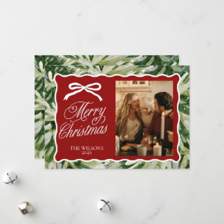 Grüne Foto Weihnachtskarte mit Bow & Scallop Feiertagskarte