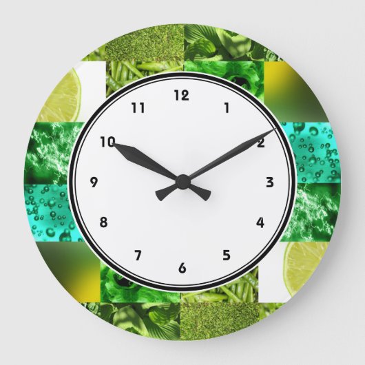 Grüne Fotografie-Collagen-Wanduhr mit Zahlen Große Wanduhr (Vorderseite)
