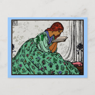 Grüne Frau im Kleid beim Lesen, klassische Illustr Postkarte