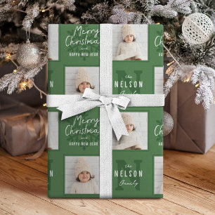 Grüne Frohe Weihnachten Kalligrafie Familie 2 Foto Geschenkpapier