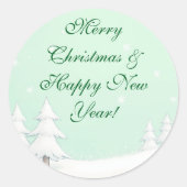 Grüne frohe Weihnachten und schneebedeckte Pinien Runder Aufkleber (Vorderseite)