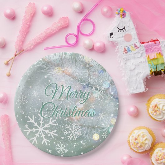 Grüne frohe Weihnachtsschneeflocken Pappteller (Party)