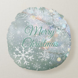 Grüne frohe Weihnachtsschneeflocken Rundes Kissen