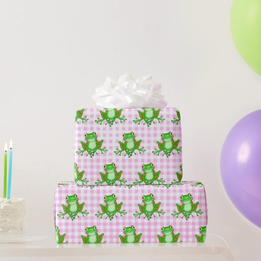 Grüne Frösche auf Pink Gingham Geschenkpapier (Partygeschenke)