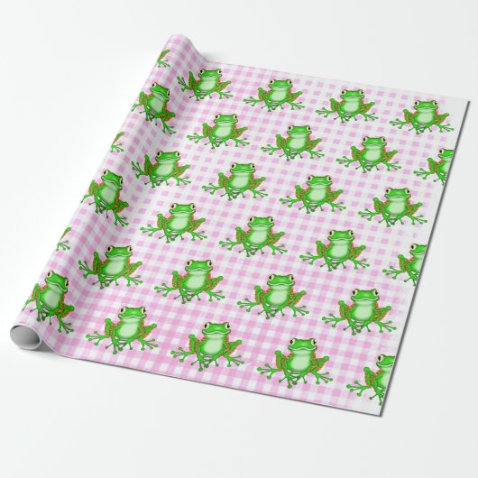Grüne Frösche auf Pink Gingham Geschenkpapier (Ungerollt)