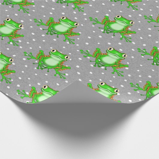 Grüne Frösche auf Polka Docks Geschenkpapier (Ecke)
