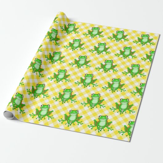 Grüne Frösche auf Yellow Gingham Geschenkpapier (Ungerollt)