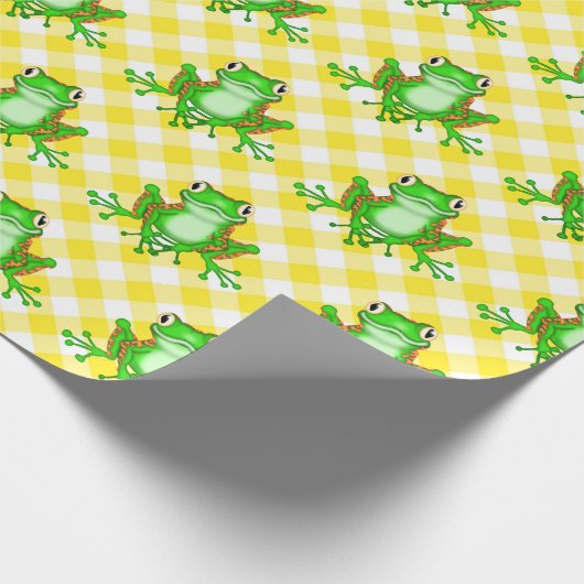 Grüne Frösche auf Yellow Gingham Geschenkpapier (Ecke)