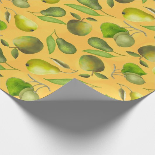 Grüne Früchte auf orangefarbenem Hintergrund Geschenkpapier (Ecke)