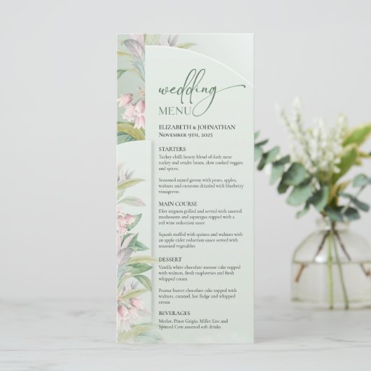 Grüne Frühlingsblüten Rose bohischer Bogen Menükarte (Stehend Vorderseite)