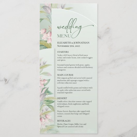 Grüne Frühlingsblüten Rose bohischer Bogen Menükarte (Vorderseite)