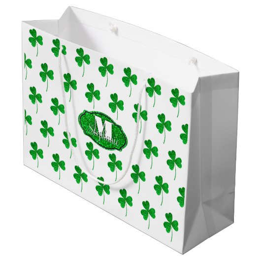 Grüne Funkelnd Kleeblätter Mit Monogramm St Patric Große Geschenktüte (Rückseite Schrägansicht)