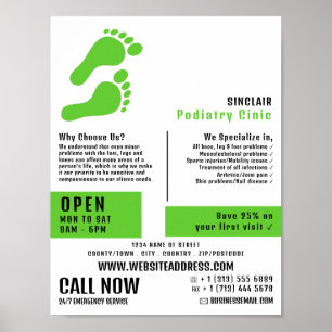 Grüne Fußabdrücke, Podiatrie-Klinik, Podiatrist Poster