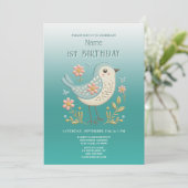 Grüne Geburtstagsparty der kleinen Vogelblume Einladung (Stehend Vorderseite)
