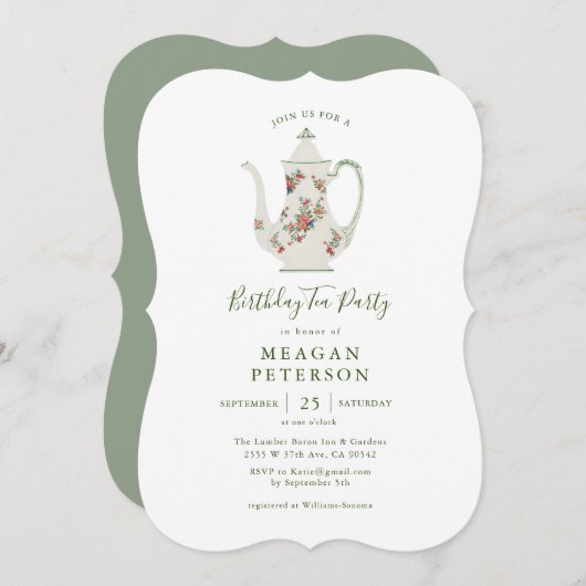 Grüne Geburtstagsparty Tea Party Einladung (Vorne/Hinten)