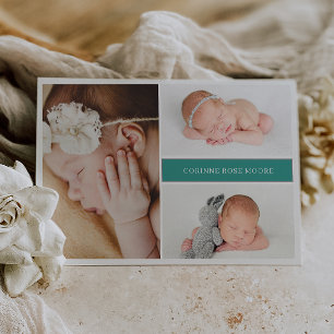 Grüne gedämpfte graue stilvolle Foto-Baby-Ankündig Einladung