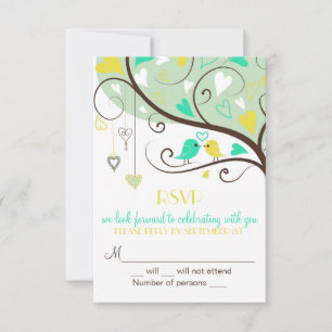 Grüne & Gelbe Lovebirds RSVP Hochzeitskarte Einlad Karte