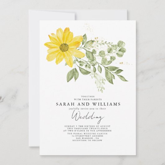 Grüne Gelbe Sonnenblume Boho Hochzeit Einladung (Vorderseite)