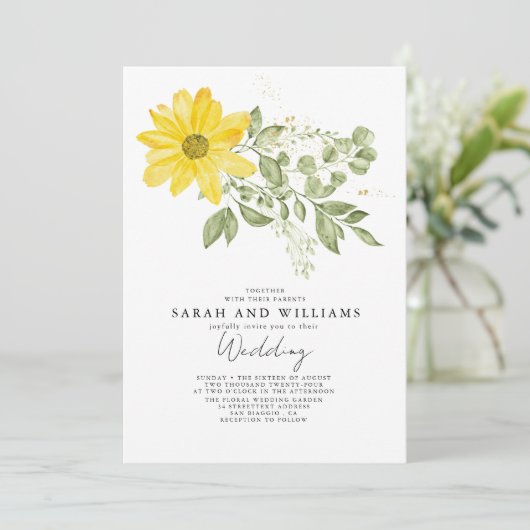 Grüne Gelbe Sonnenblume Boho Hochzeit Einladung (Stehend Vorderseite)